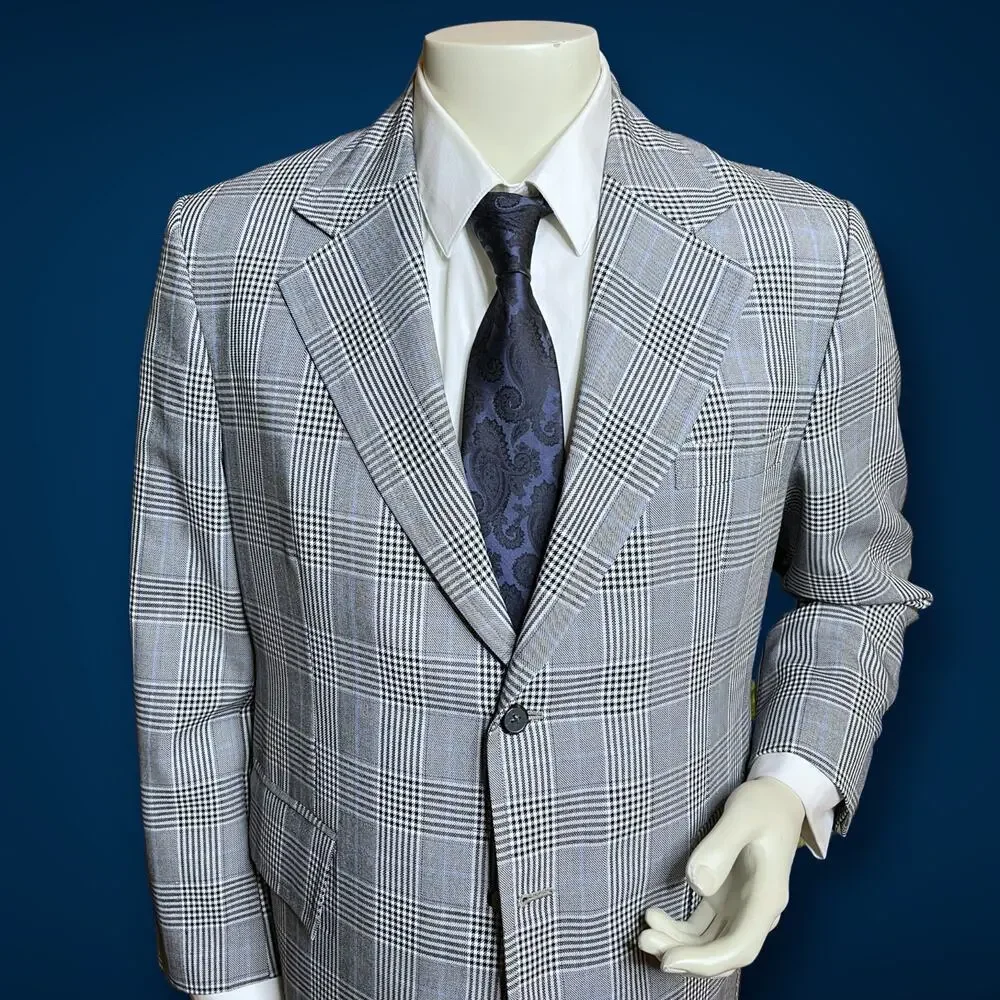 VTG Tailored Sport Coat Blazer Mens Glen Plaid Blue Gray Black White Custom 44R